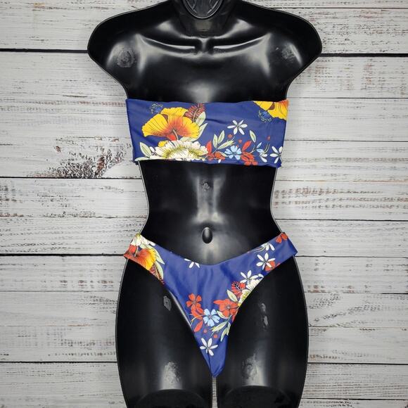 Zaful Bikini Swimsuit Bandeau Top Thong Bottom Navy Floral | Medium / US 6 - Picture 2 of 6